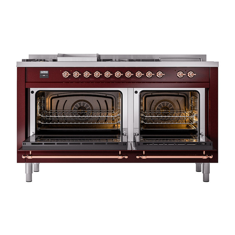 ILVE Nostalgie II Noblesse 60 in Dual Fuel Range 7 Burner, Griddle, Frenchtop, Burgundy/Copper, Natural Gas