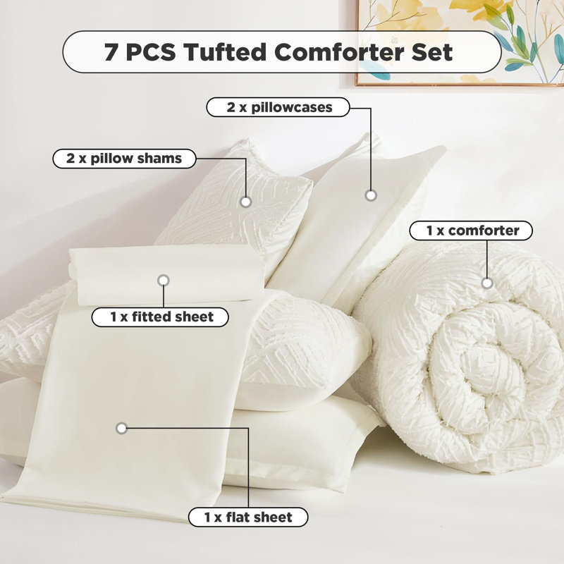 Andency Super King Comforter Set Ivory - 7 Pieces Bed in a Bag Super King Bedding Comforter Sets, Tufted Lightweight Fluffy Bed Set with Comforter, Sheets, Pillowcases & Shams