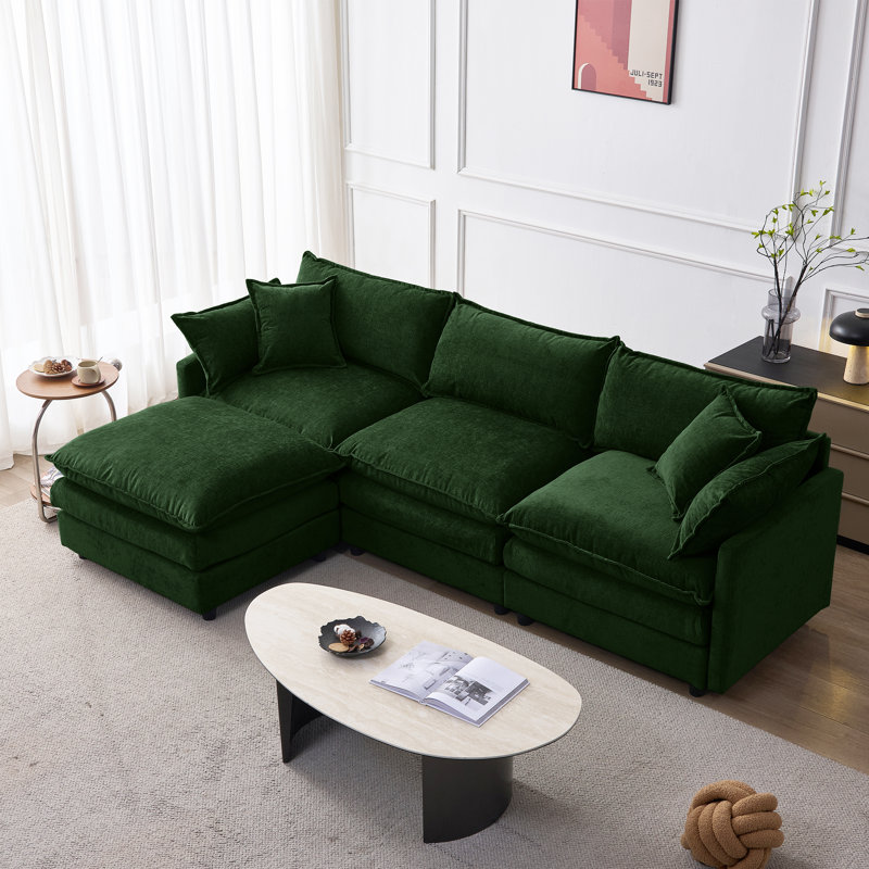 Chenille Modular L-Shaped Sectional Sofa - 3-Seater Comfy Cloud Couch Set with Movable Ottoman, DIY Combination for Living Room