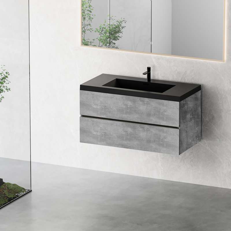 Meuble-lavabo flottant 42 po avec lavabo à sable en quartz noir