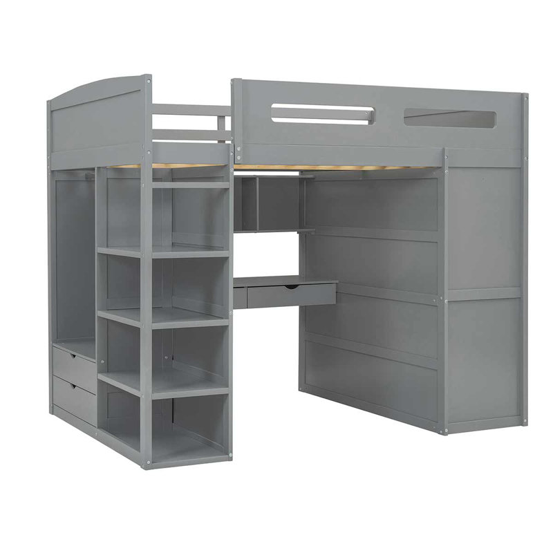 Lit mezzanine en bois avec bureau, lit mezzanine avec placards et 4 tiroirs pour la chambre à coucher, Gris, Lit double