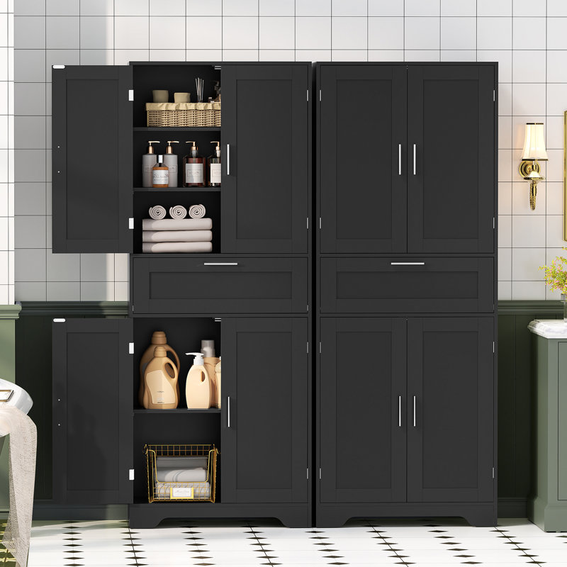 Grande armoire de rangement pour garde-manger 67 po Jymari, 1 grand tiroir et 2 grandes armoires, Argent, Noir