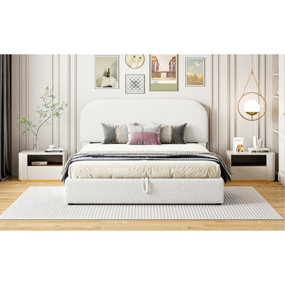 Queen Size Bed With Comfortable Fleece And Hydraulic Storage - White Elegant Platform For