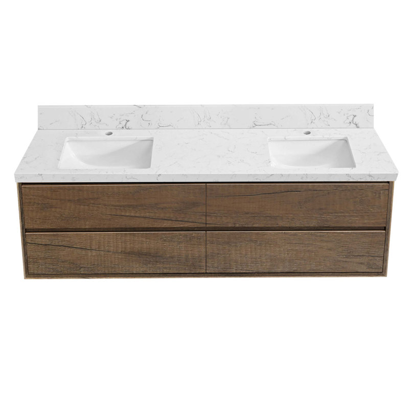 Meuble-lavabo mural 72 pouces avec tiroirs flottants modernes en pierre reconstituée avec lavabo, 72"
