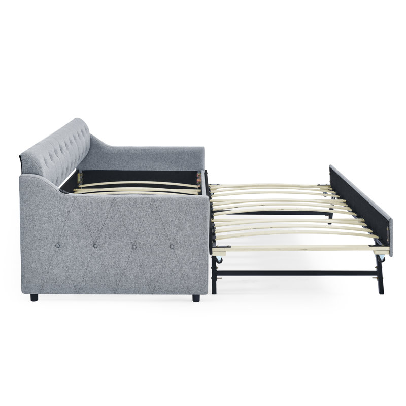 Twin Size Upholstery DayBed with Twin Size Erectable Trundle and USB Charging Design, Linen Grey, Gray