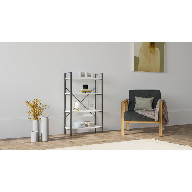 Modern Industrial Bookshelf, 23.6 x 39.4 x 9.4 Inches | 100% Melamine Coated Particle Board with 100% Metal Frame | Sleek Black & White Design | Perfect for Home Office or Living Room, Durable & Stylish Storage Solution