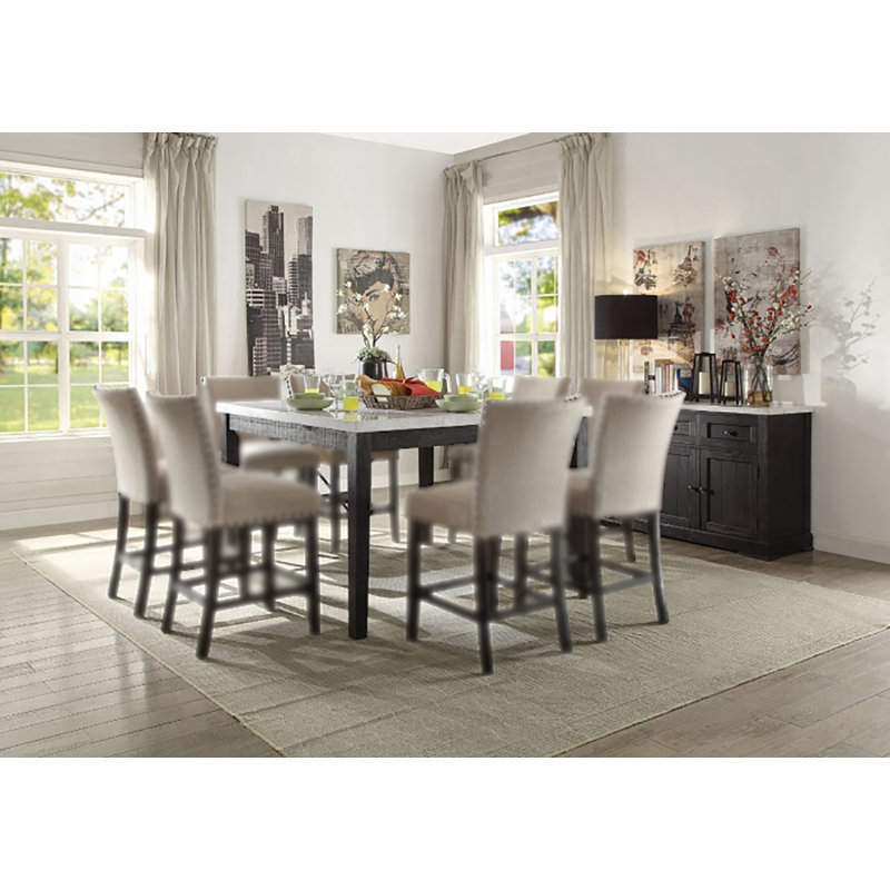 Table de comptoir haute de 138 cm de large, dessus en marbre blanc naturel et chêne foncé récupéré