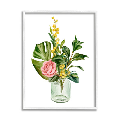 Aquarelle de pot de verre bouquet de roses roses et jaunes par Melissa Wang