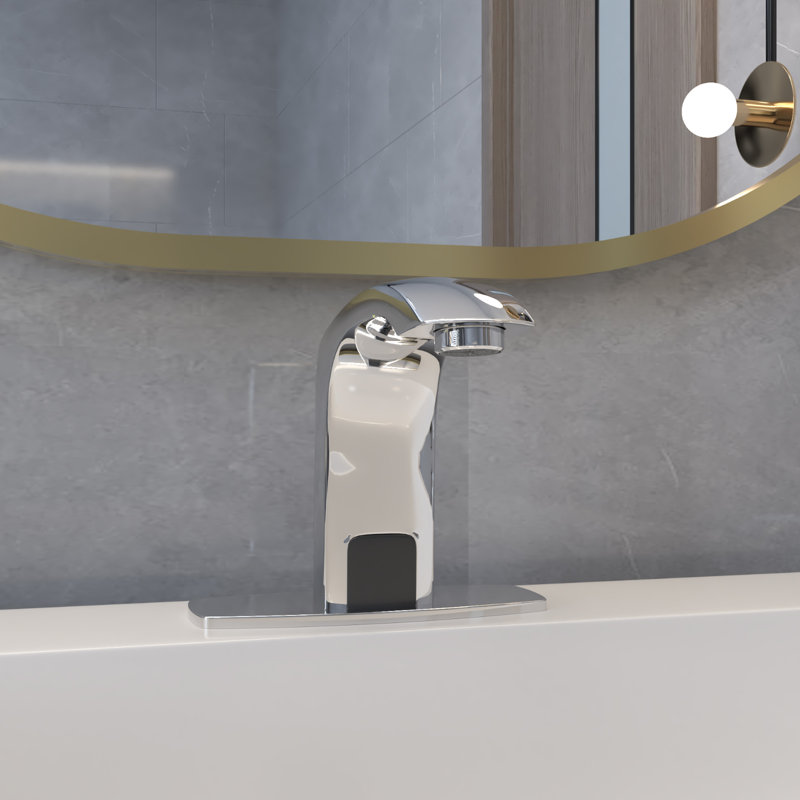 Touchless Low Arc Deck Mount Bathroom Sink Faucet With Deck Plate & Pop Up Drain In Polished Chrome