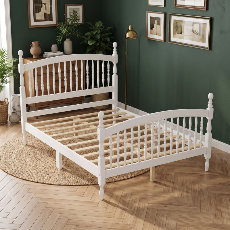 Wood Platform Bed with Arched Headboard and Footboard, Lit double, Milky White