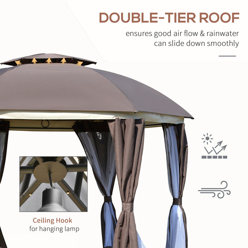 Round Outdoor Gazebo with Double Roof - Patio Canopy Shelter with Netting & Curtains