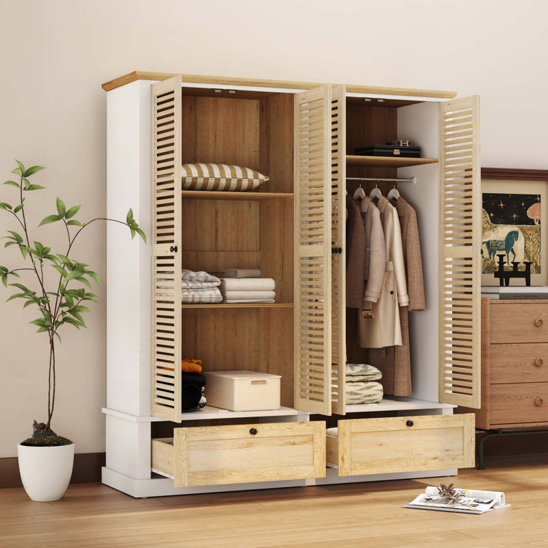Armoire penderie 4 portes à 2 volets avec 2 tiroirs, Naturel / Blanc
