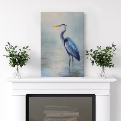 «Blue Heron in Misty Lake», reproduction d'art sur toile - Décoration d'oiseaux aquatiques tranquille pour la salle de bain ou la chambre à coucher