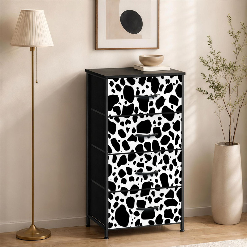 Commode à 4 tiroirs pour chambre à coucher, motif vache, texture peau western, taches de bétail, fourrure blanche, petite commode haute pour placard, rangement avec tiroirs et bacs de rangement en tissu.