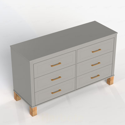 Commode double à 6 tiroirs en gris, armoire de rangement moderne avec poignées en métal et pieds en bois massif, organisateur de tiroir pour chambre d'enfant, commode en bois robuste avec préinstallé