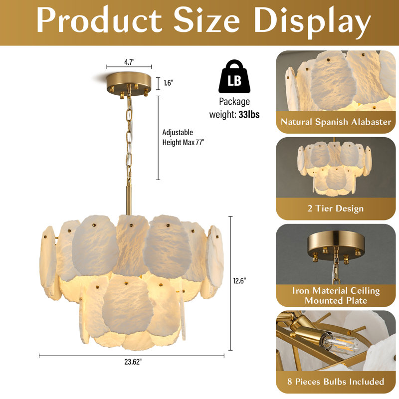 Modern 23.6" 8 Light Alabaster round kitchen island chandelier(Bulb Included), 12.6" H X 23.62" W X 4.7" D