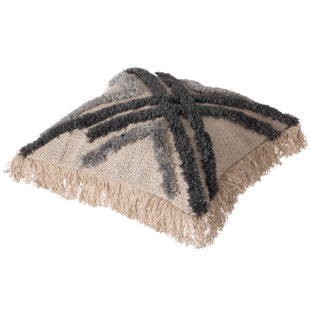 16" Handwoven Cotton & Silk Throw Fringed Pillow Cover with Embossed Crossed Lines without Cushion, Black & Natural