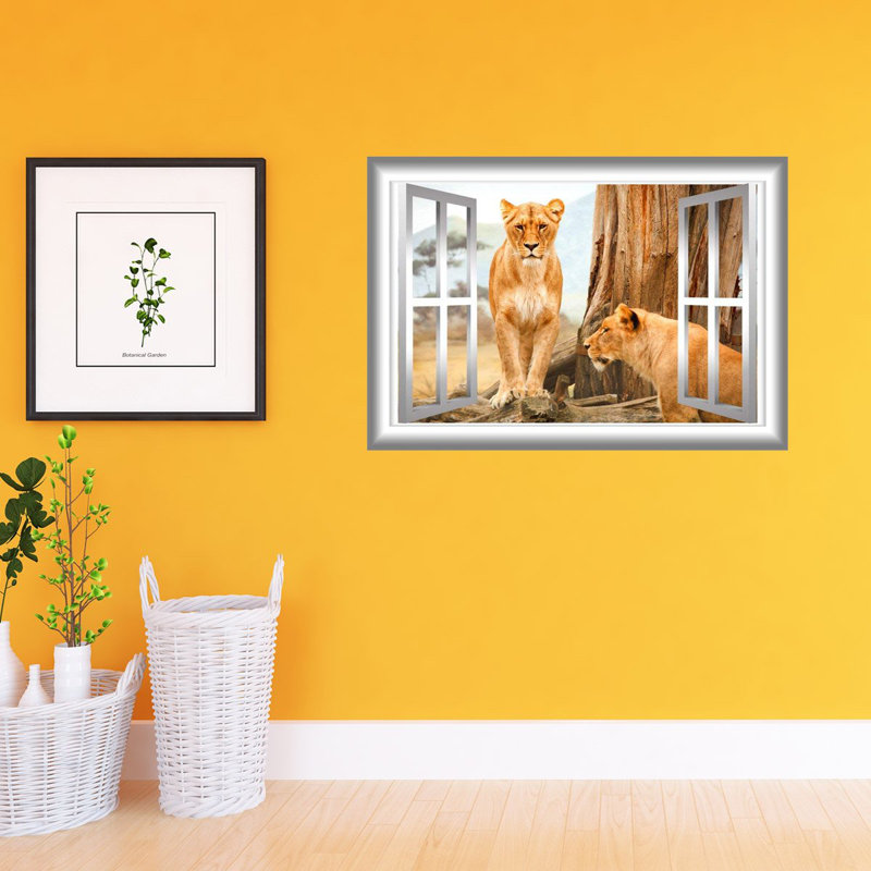 Décalcomanie murale fenêtre animal 3d lioness, H 18 po x l 22 po x P 0,01 po, Or