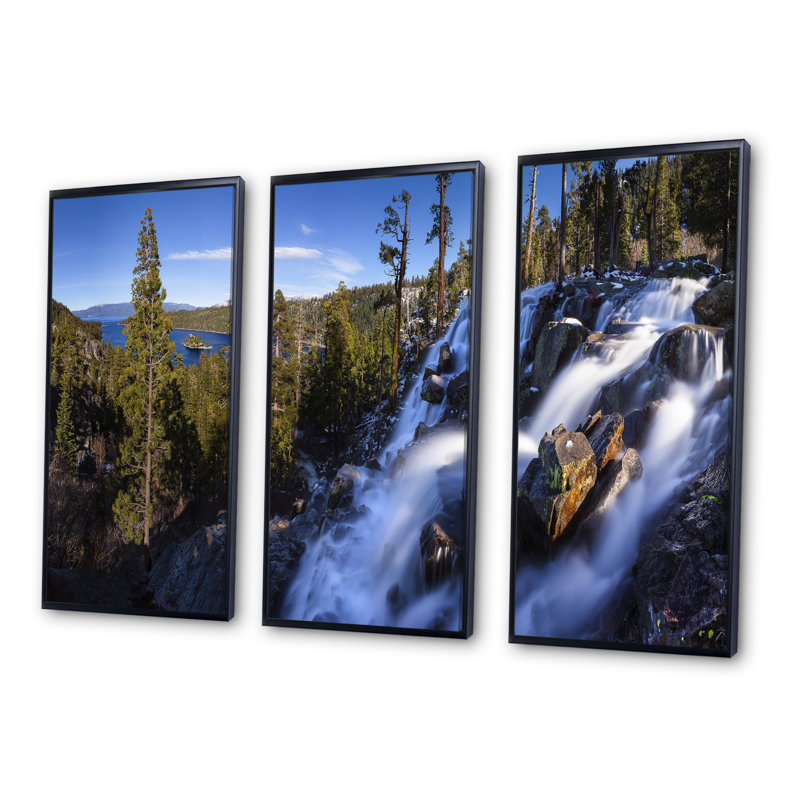 Eagle Falls Emerald Bay Lake Tahoe - ensemble de 3 reproductions sur toile flottantes, Cadre noir, H 28 po x l 36 po x P 1 po