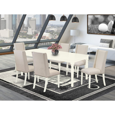 Ensemble de mobilier de salle à manger 7 pièces composé d'une table rectangulaire en bois avec feuille papillon et 6 chaises Parson en tissu crème, lin blanc