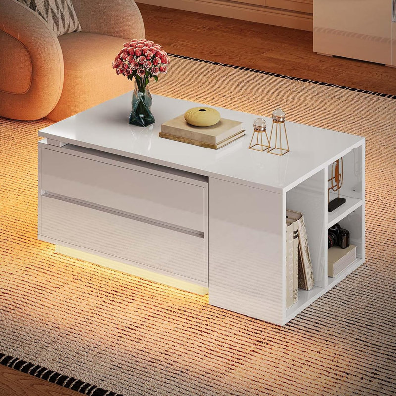 Table basse, table rectangulaire blanche moderne avec 4 tiroirs de rangement, tablettes ouvertes et plateau de table coulissant