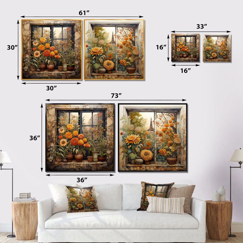 Ensemble de salon art mural jaune et vert avec ferme à fleurs I, Cadre flottant blanc, H 36 po x l 73 po x P 1,5 po