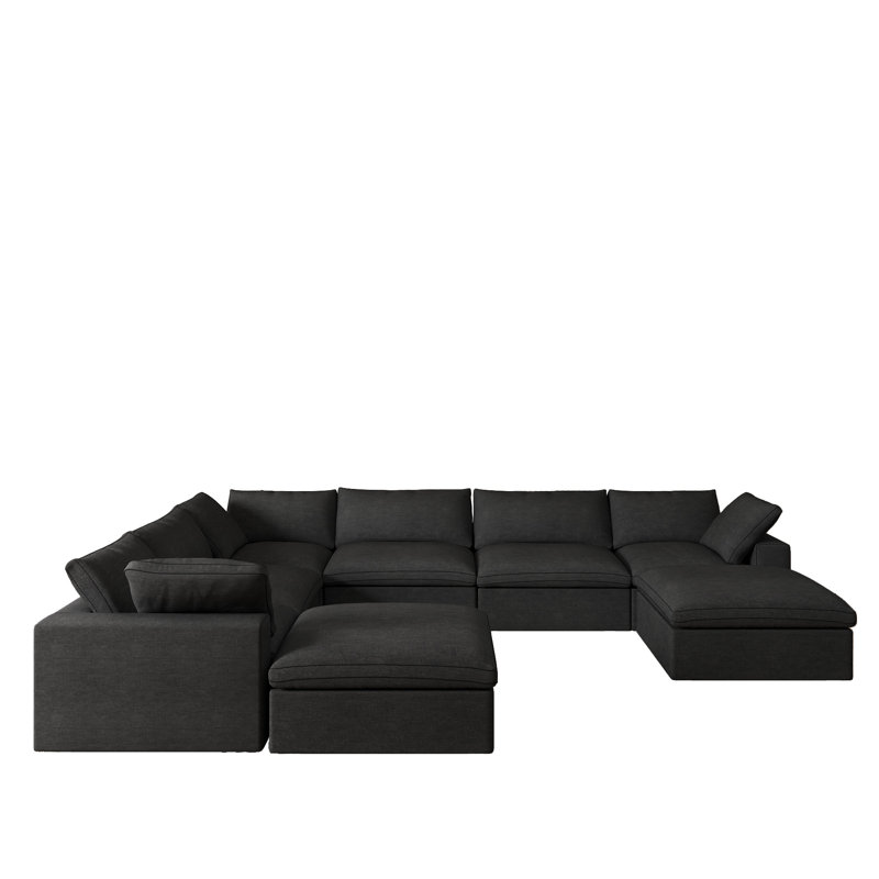 Kenda 8 - Piece Upholstered Linen Slipcovered Sectional, Dark Charcoal Linen Blend