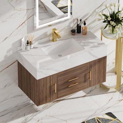Meuble-lavabo moderne de 39 po avec lavabo, meubles-lavabos flottants avec comptoir en pierre frittée et armoire au fini noyer, armoire de rangement avec 2 portes et 2 tiroirs