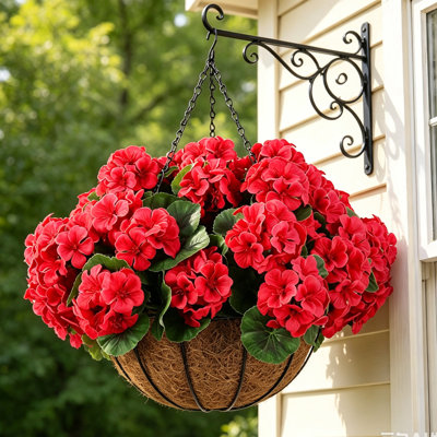 Panier suspendu artificiel en géranium rouge - 8 pièces de fleurs en soie réalistes avec feuillage, pot de fleurs d'extérieur pour porche, patio, jardin et décoration de Noël, sans entretien de l'eau