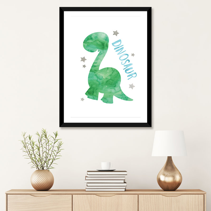 Dinosaure vert et bleu - impression d'art graphique, H 32 po x l 24 po x P 1 po, Papier encadré noir, Blanc