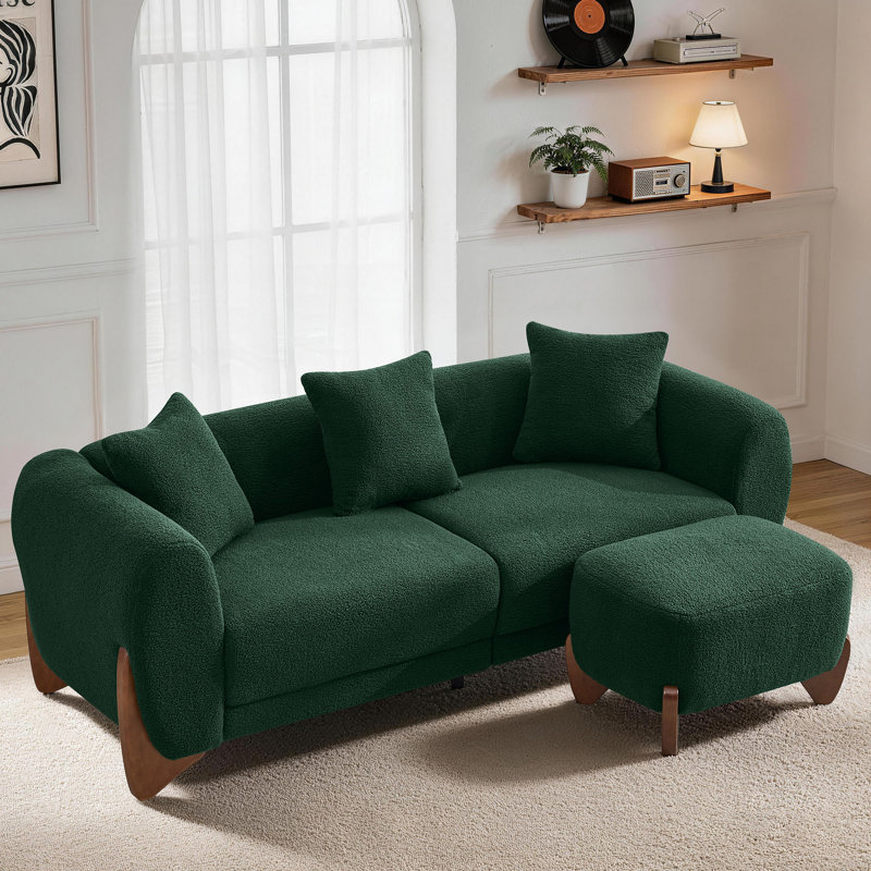  Canapé rembourré 87 po avec repose-pieds Sherpa Boucle 87 po - Ensemble de canapé moderne avec pieds en bois massif, Vert