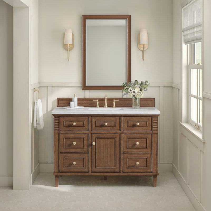 Lorelai 48'' W Single Vanity, Mid-Century Walnut, Carrara White Marble, 8" Widespread