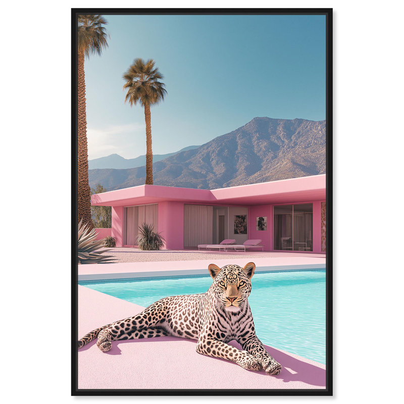 Art Remedy, toile d'art moderne tigre, maison rose léopard, 31" H x 21" W, Cadre flottant noir
