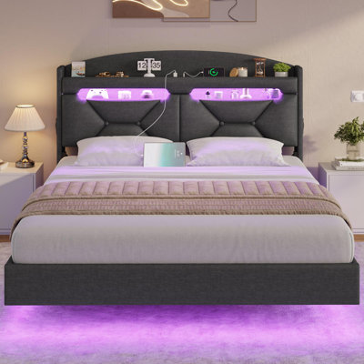 Floating Bed Frame With Power Outlet, Storage Headboard With Hidden Cubby, Rgb Floating Platform Bed With Led Lights, No Box Spring Needed, Quick Setu by Wrought Studio