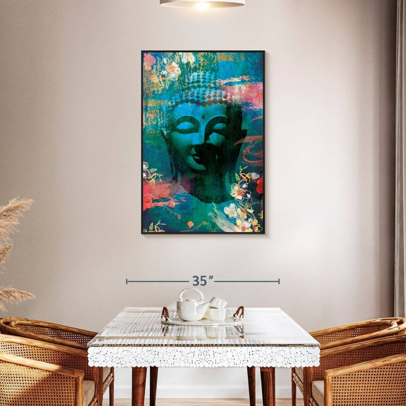 Tête de Bouddha fleurie I, Cadre flottant noir, 29 po x 43 po