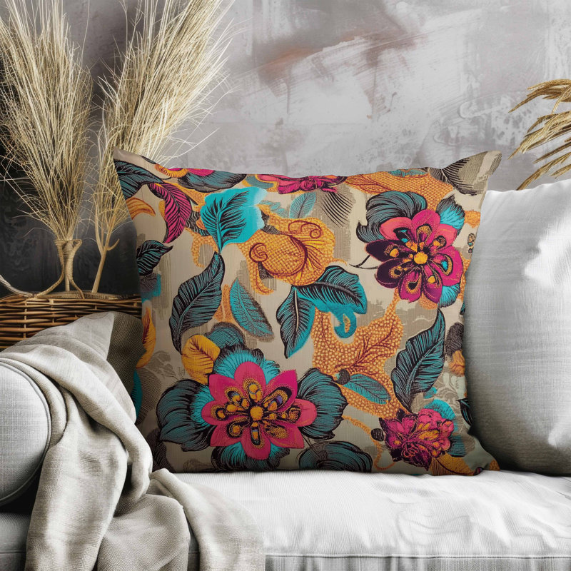 Oreiller Eclectic Garden, Carré 16 po, Bleu/rose/orange