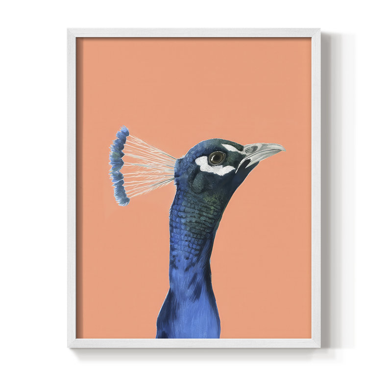 Peach Peacock Portrait I Framed Print - Solid Wood, H 15 po x l 12 po, Blanc