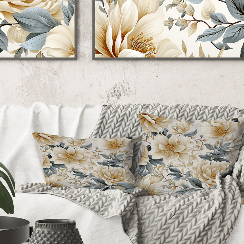 Coussin à imprimé floral beige et gris avec motif floral de sérénité I