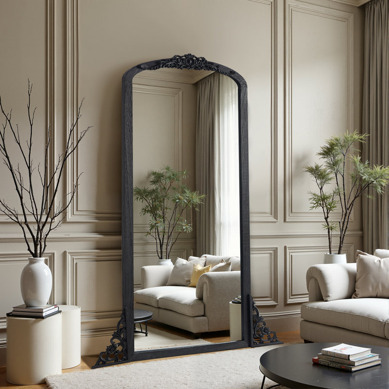 Miroir rétro avec cadre sculpté, 67 po x 28 po, Noir, noir, noir, noir