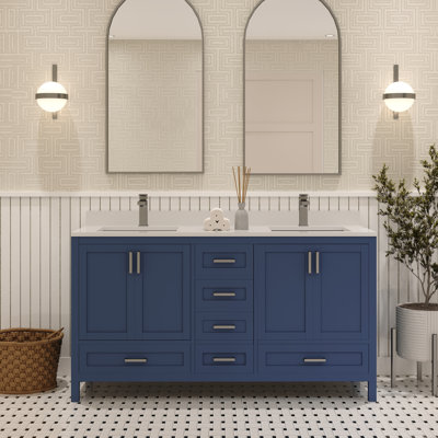 Meuble-lavabo double autoportant 60 po avec plateau en quartz blanc Rooh