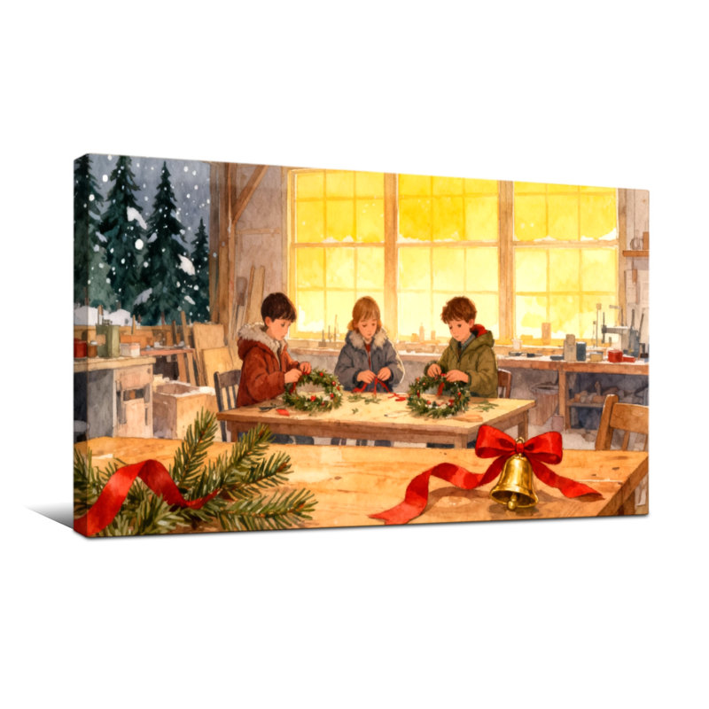 Enfants de Noël fabriquant des couronnes dans un atelier avec une scène enneigée, H 16 po x l 32 po