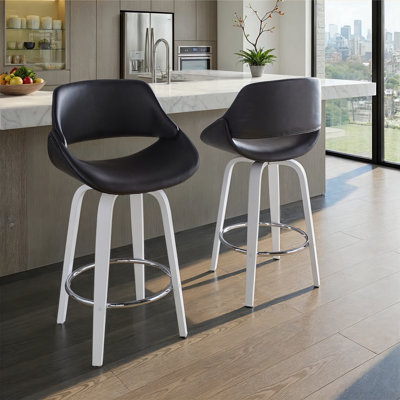 Tabouret de bar à hauteur fixe avec pivot en bois blanc et similicuir noir avec repose-pieds rond chromé - ensemble de 2