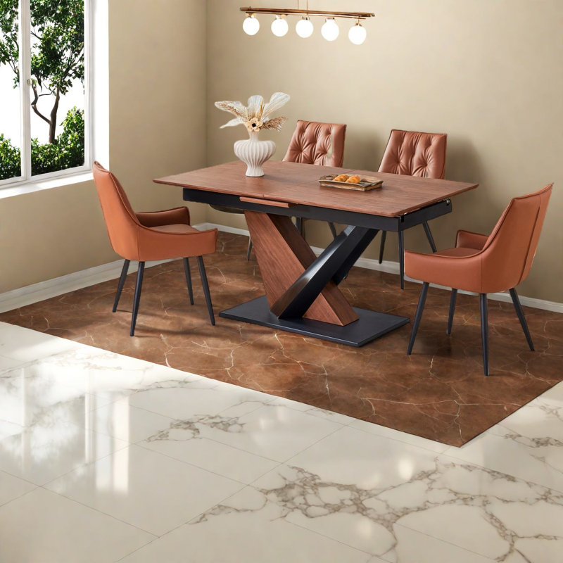 Ensemble de table de salle à manger contemporaine, table en MDF extensible et 4 chaises en cuir, petite solution de cuisine