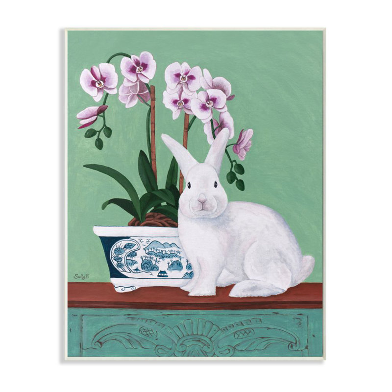 « lapin et fleurs vert rose animal » par catherine b-reproduction d’art, H 15 po x l 10 po x P 0,5 po, Plaque en bois blanche