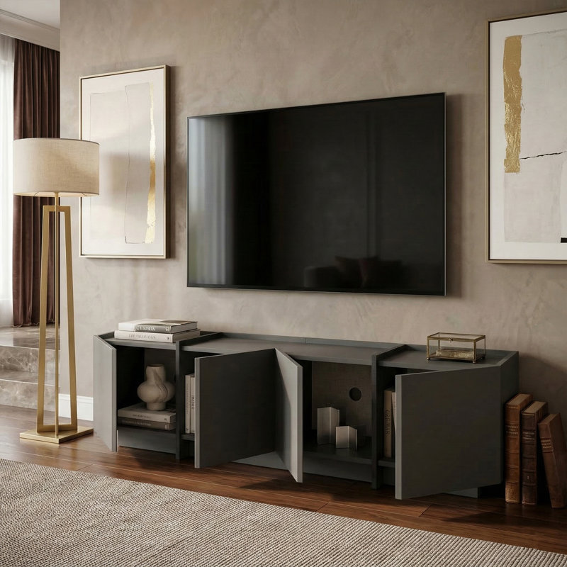 Buffet et console multimédia Aveline de 71 po de largeur avec portes à fermeture en douceur, Anthracite / noir