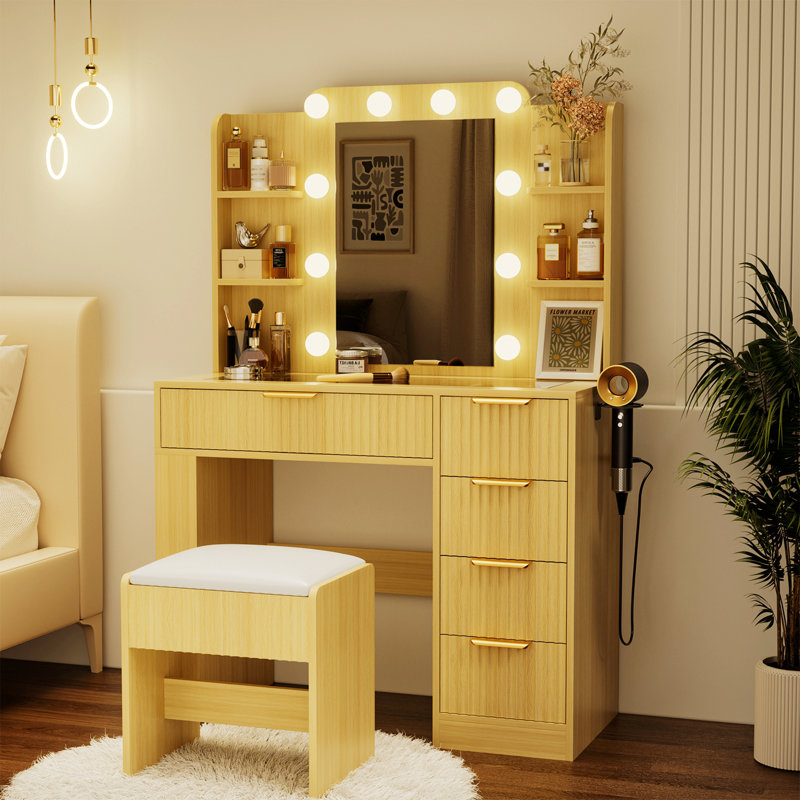 Vanity Table With Mirror And Lights, Vanity Desk And Cushioned Stool Set With Charging Station, Storage Drawers And Transparent Tabletop