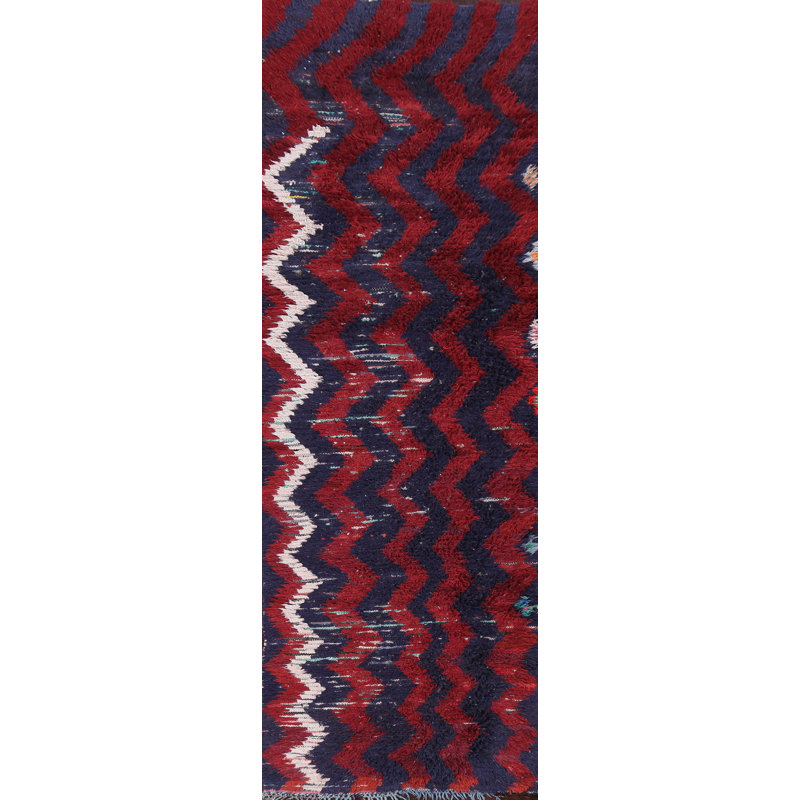 Tapis de couloir rouge en laine noué à la main de conception unique 2 pi 9 po x 8 pi 11 po