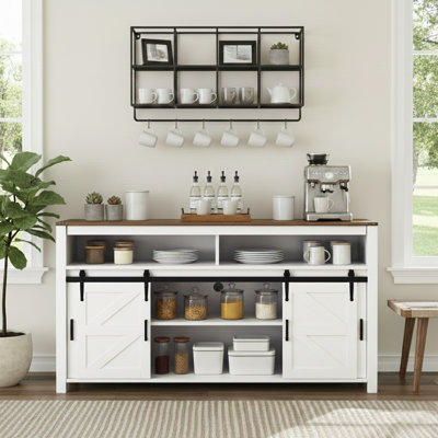 59.33-inch Vintage-Style Sliding Door Sideboard with Mesh Panel and Open Storage Section