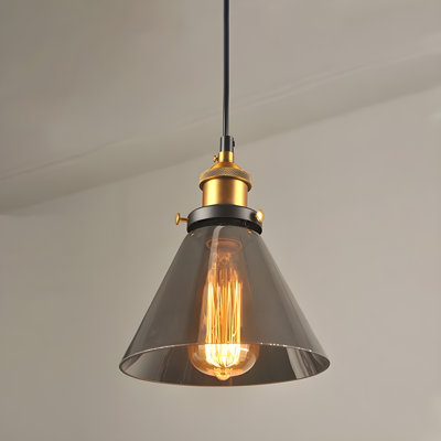Industrial Pendant Light with Glass Shade Brass Fittings Smokey Grey Clear or Gold