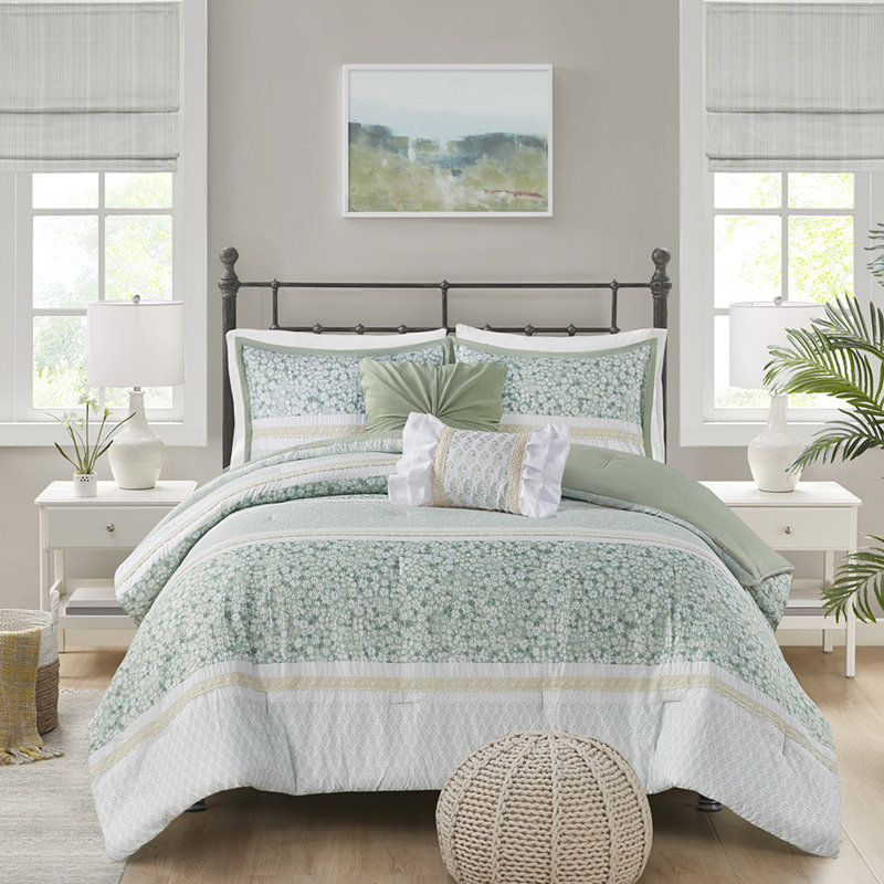 Édredon 5 pièces pour lit double / grand Seersucker - Rembourré de tissu chic et décontracté Motifs floraux et botaniques 2 coussins décoratifs lavables à la machine